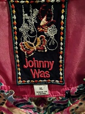 FINAL PRICE Johnny Was Silk Blend Pink Top with Teal Embroidered Velvet Patches